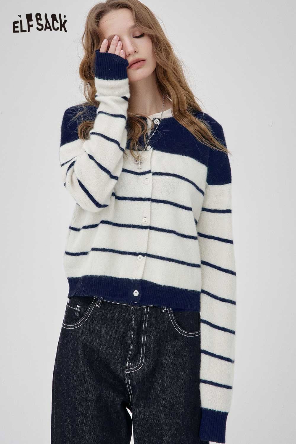 ELFSACK wool blend striped turtleneck sweater in navy and cream with buttons and a cozy fit