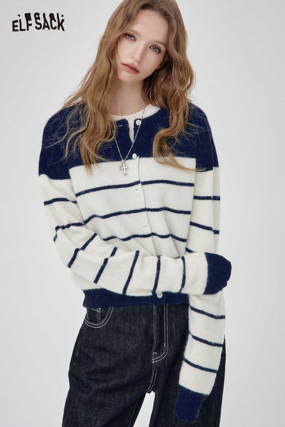 ELFSACK wool blend striped turtleneck sweater in white and navy blue, perfect for stylish layering