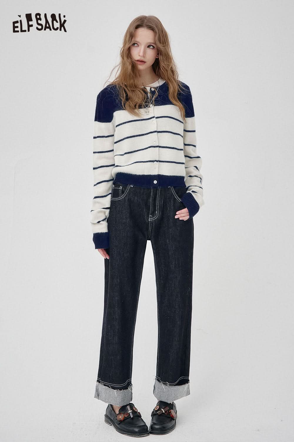 ELFSACK wool blend striped turtleneck sweater paired with high-waisted denim pants for a stylish look