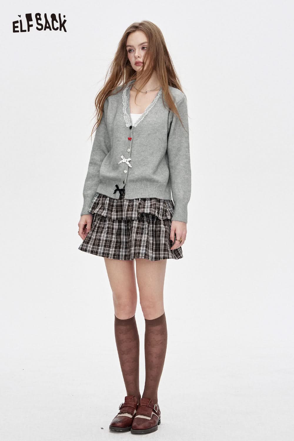 ELFSACK Women's Wool Blend Knit Top in Gray, paired with a plaid skirt for a stylish look