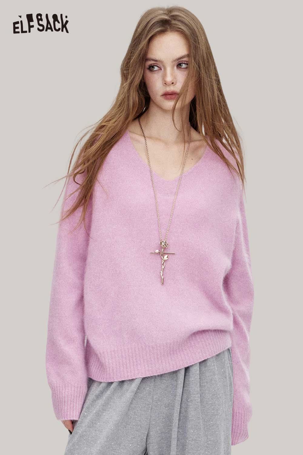 ELFSACK wool blend oversized sweater women in soft pink, featuring a v-neck design and relaxed fit
