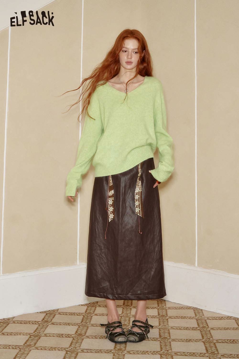 ELFSACK wool blend oversized sweater women in light green paired with a long brown skirt