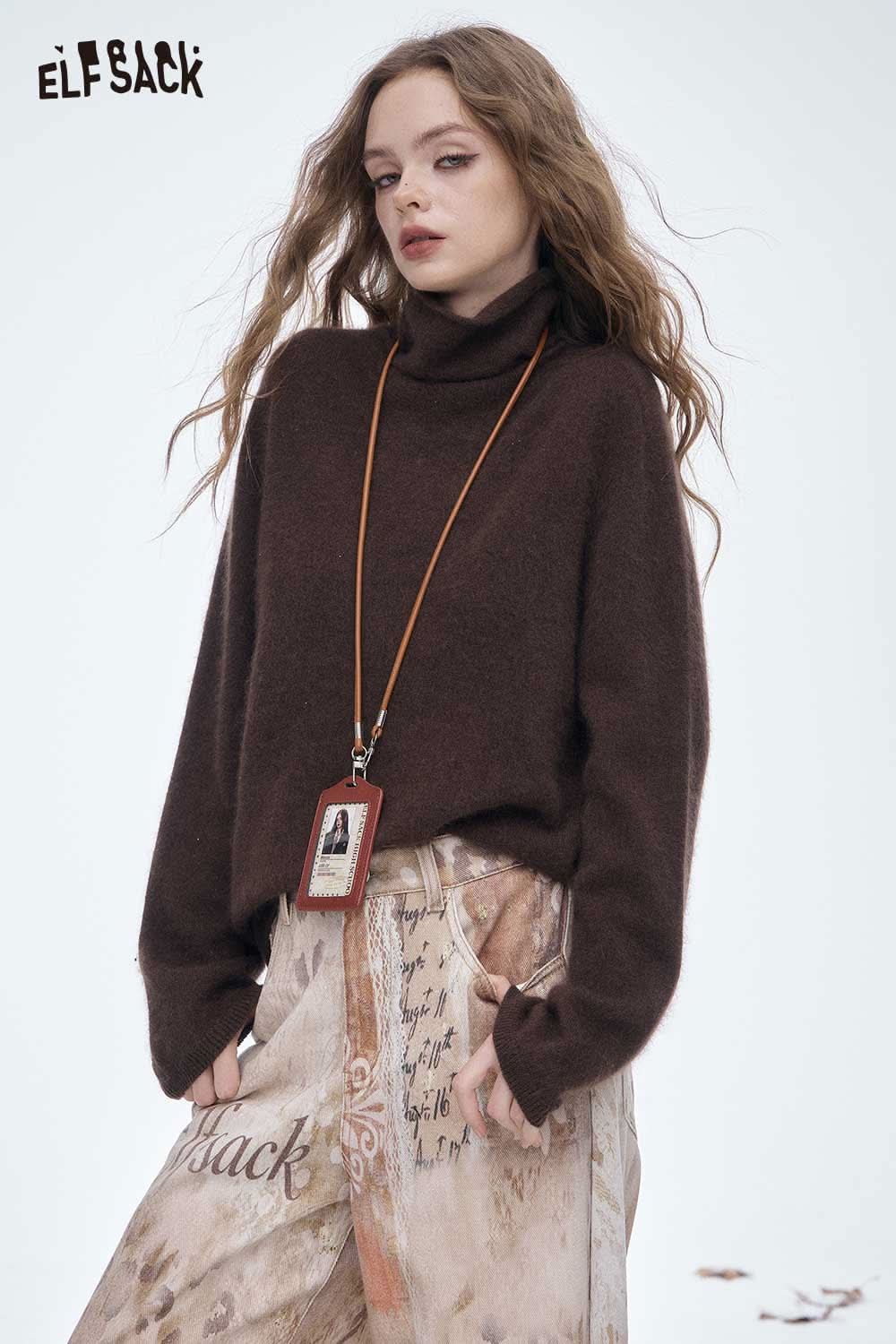 ELFSACK wool high neck sweater women in brown, cozy and stylish for winter fashion