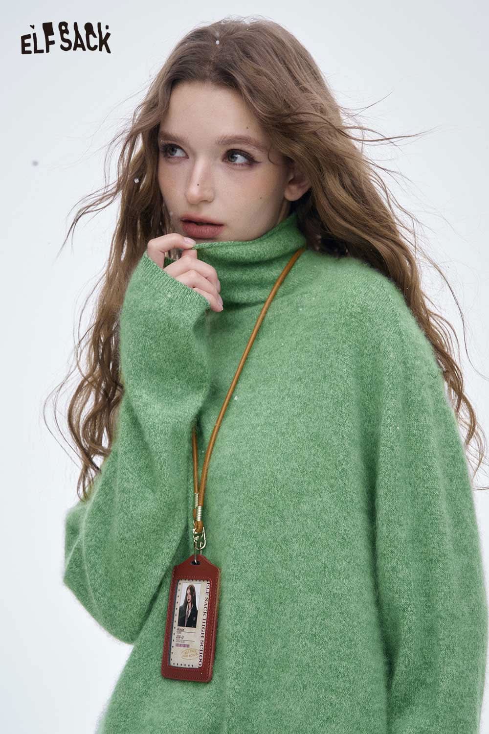 ELFSACK wool high neck sweater women in green with relaxed fit and cozy design