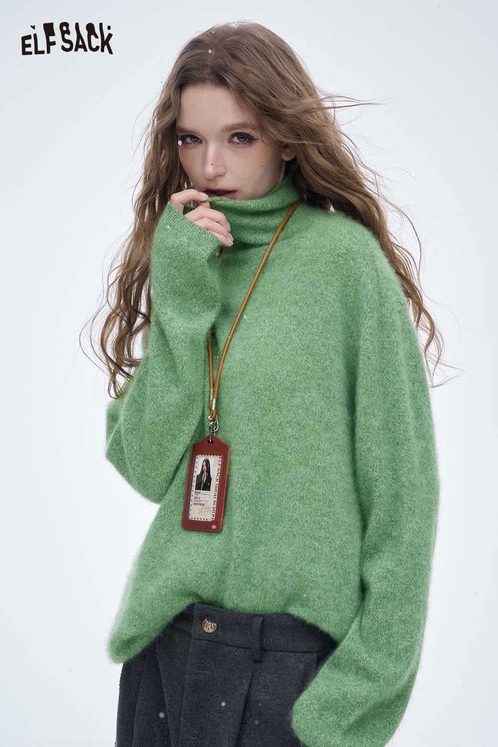 ELFSACK green wool high neck sweater women with cozy fit and soft texture for chilly days