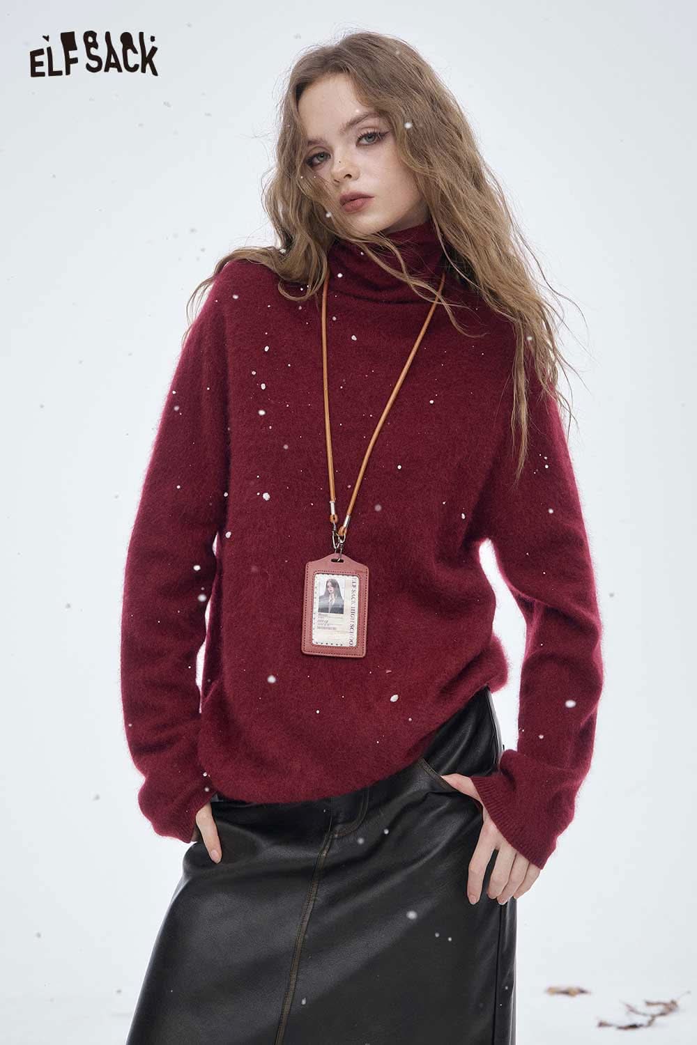 ELFSACK wool high neck sweater women in burgundy, cozy and stylish for winter fashion
