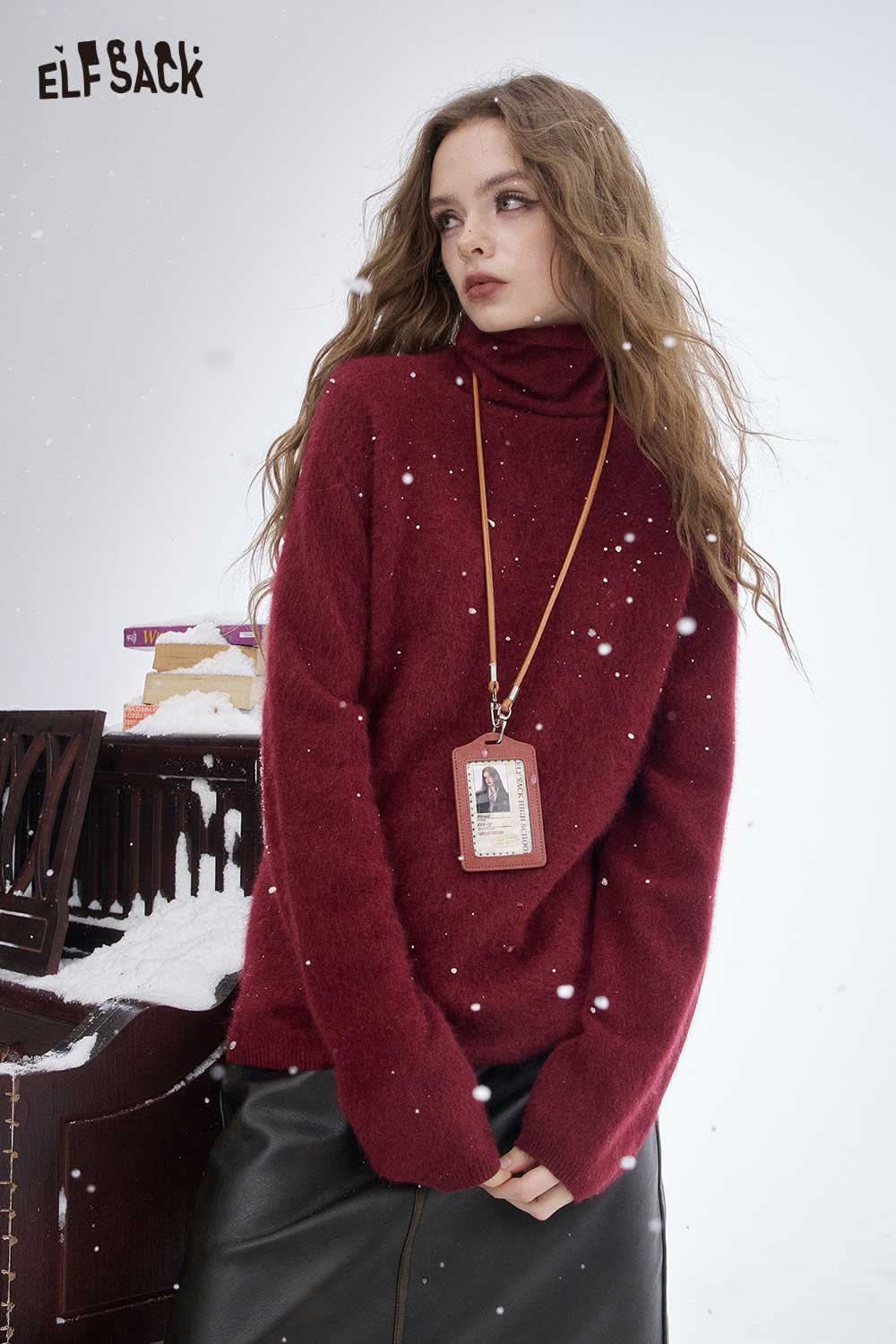 ELFSACK wool high neck sweater women in burgundy with a cozy, relaxed fit for winter styling