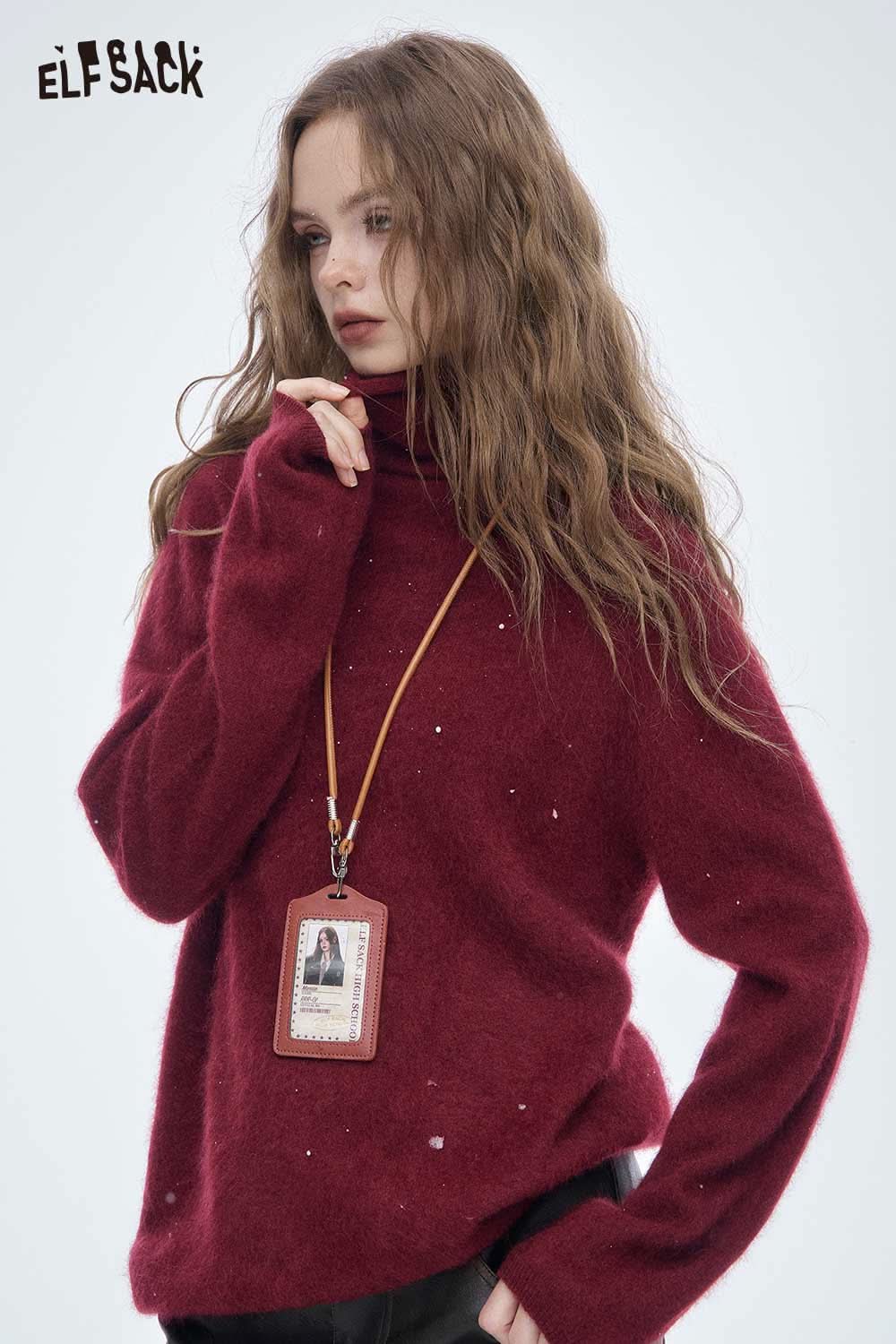 ELFSACK wool high neck sweater women in burgundy with a stylish loose-fit design