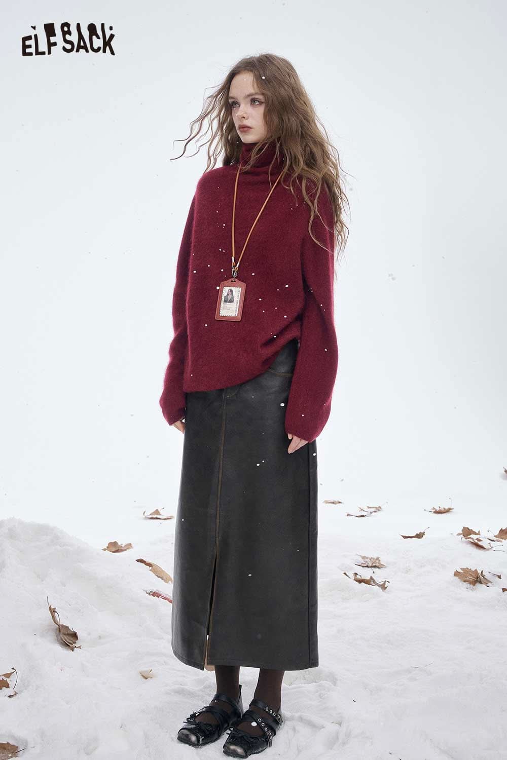 ELFSACK Wool High Neck Sweater Women in Burgundy for Cozy Winter Fashion