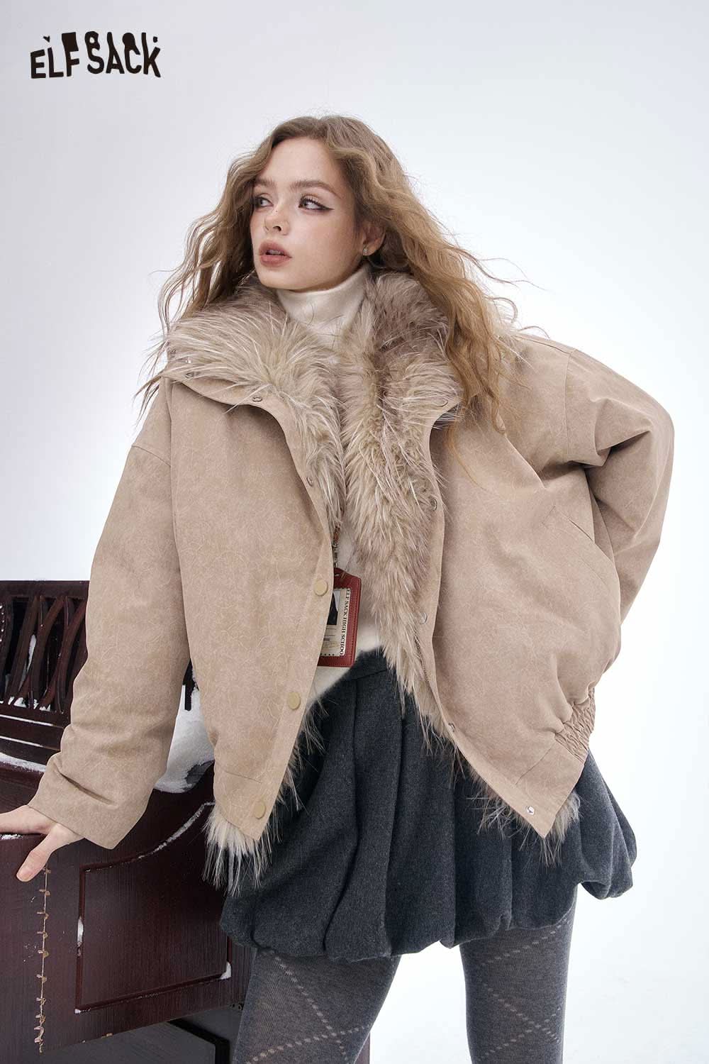 ELFSACK women's wool high neck sweater, stylish look with a fluffy jacket and layered skirt