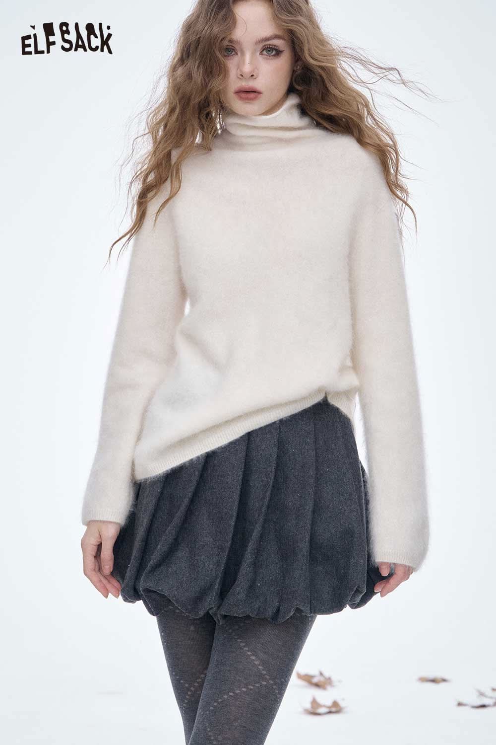 ELFSACK soft cream wool high neck sweater women paired with a stylish grey skirt