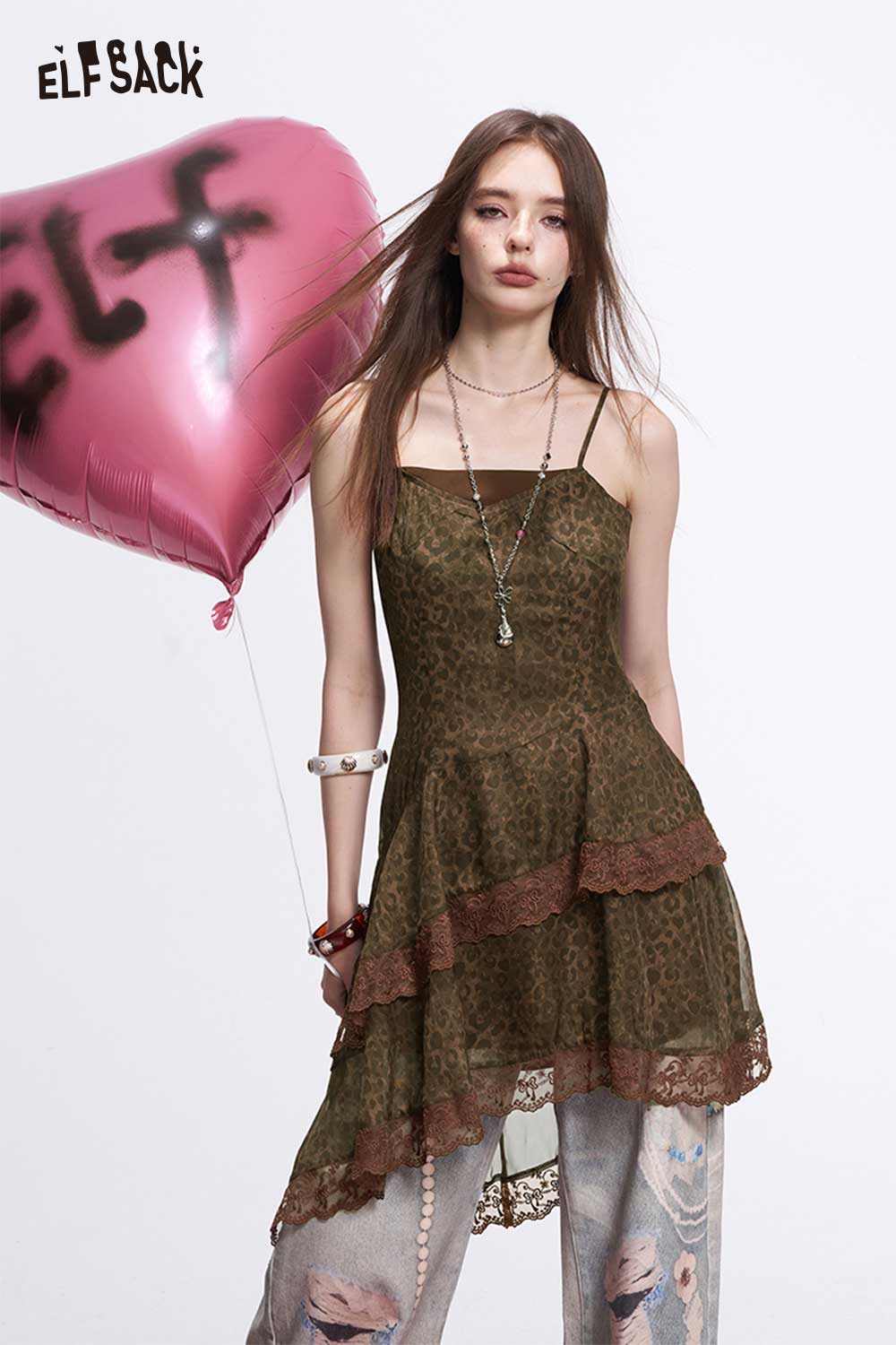 y2k cami dress Leopard with Layered Lace Trim pearl tulle tiered mini dress Color:Light Green Floral Women's Shape Black Sculpt