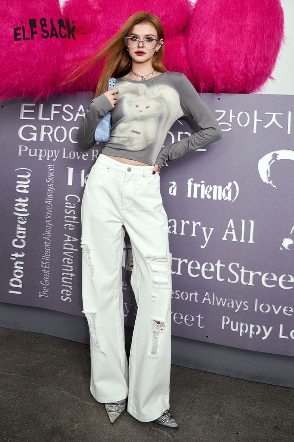 ELFSACK gray long sleeve T-shirt with Y2K Rabbit Print paired with white distressed wide-leg pants