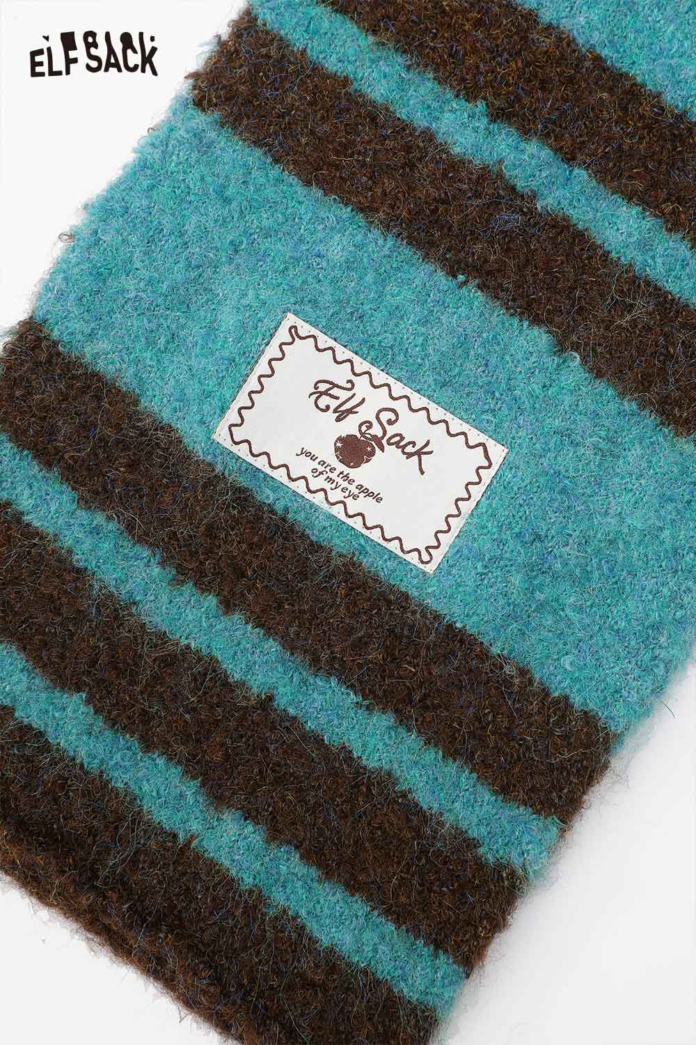ELFSACK Y2K stripe neck warmer in teal and brown, perfect for stylish winter warmth