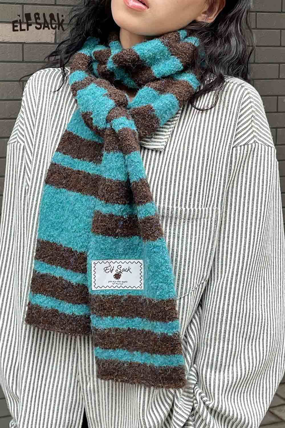 Trendy ELFSACK Y2K stripe neck warmer in teal and brown for stylish winter outfits