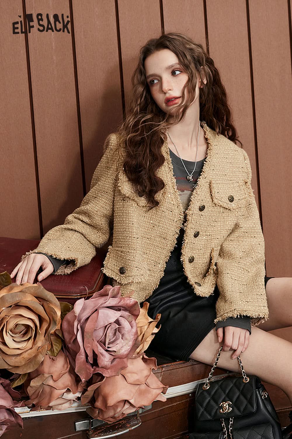 ELFSACK French-Style Tweed Jacket with Vintage Elegance