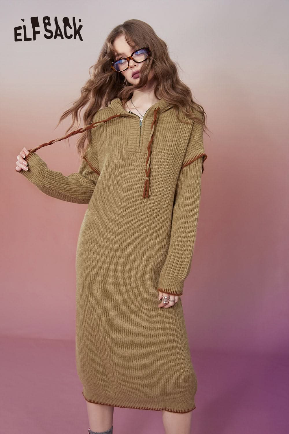 ELFSACK Hoodie Knitted Dresses Plus Size Elegant Dresses