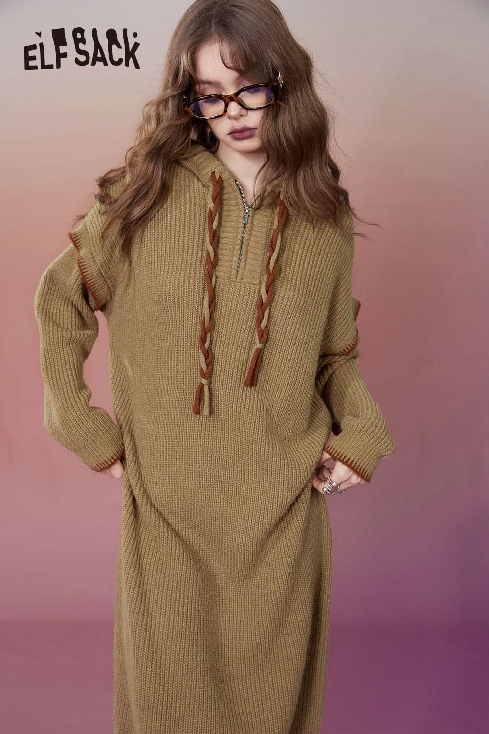 ELFSACK Hoodie Knitted Dresses Plus Size Elegant Dresses