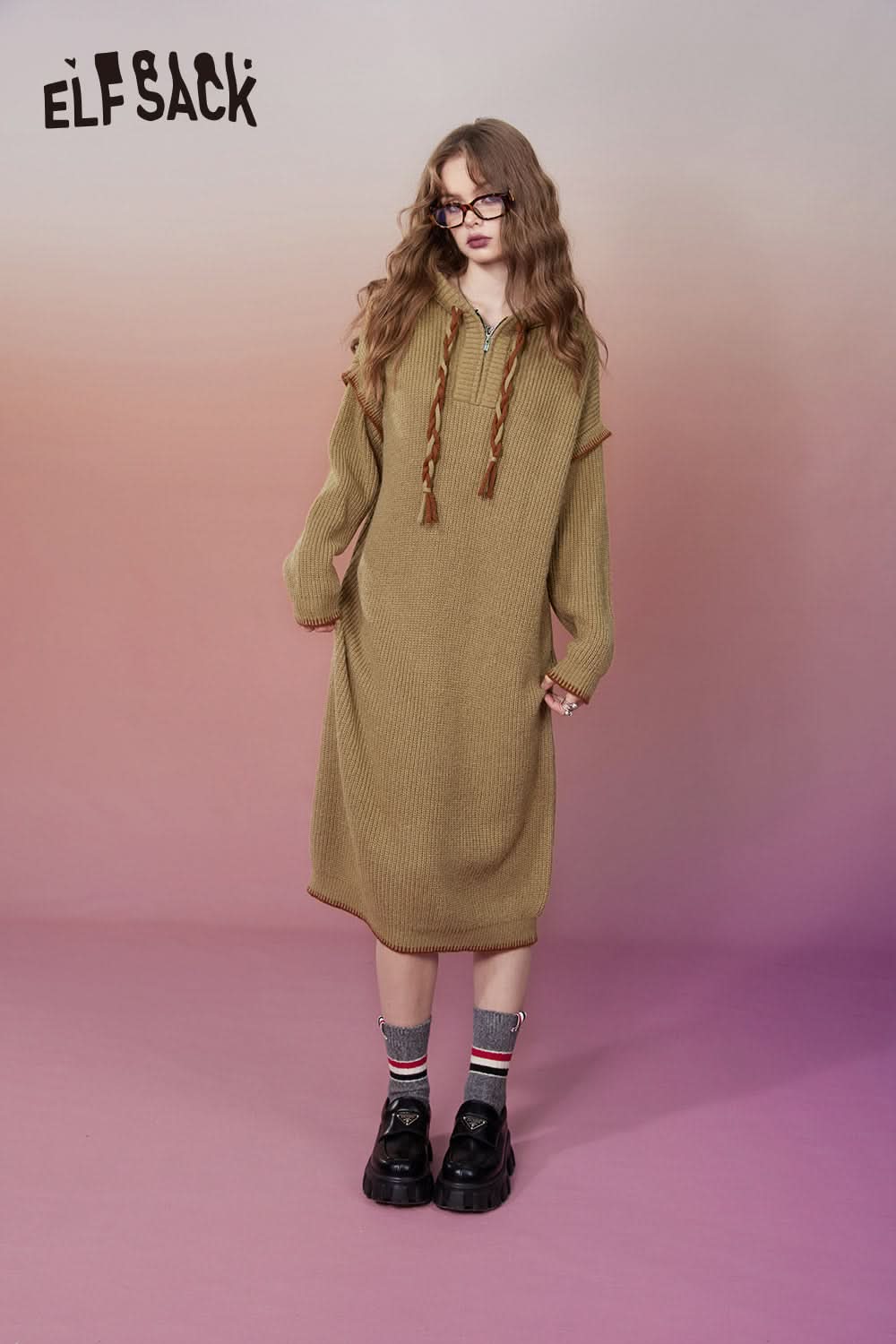 ELFSACK Hoodie Knitted Dresses Plus Size Elegant Dresses