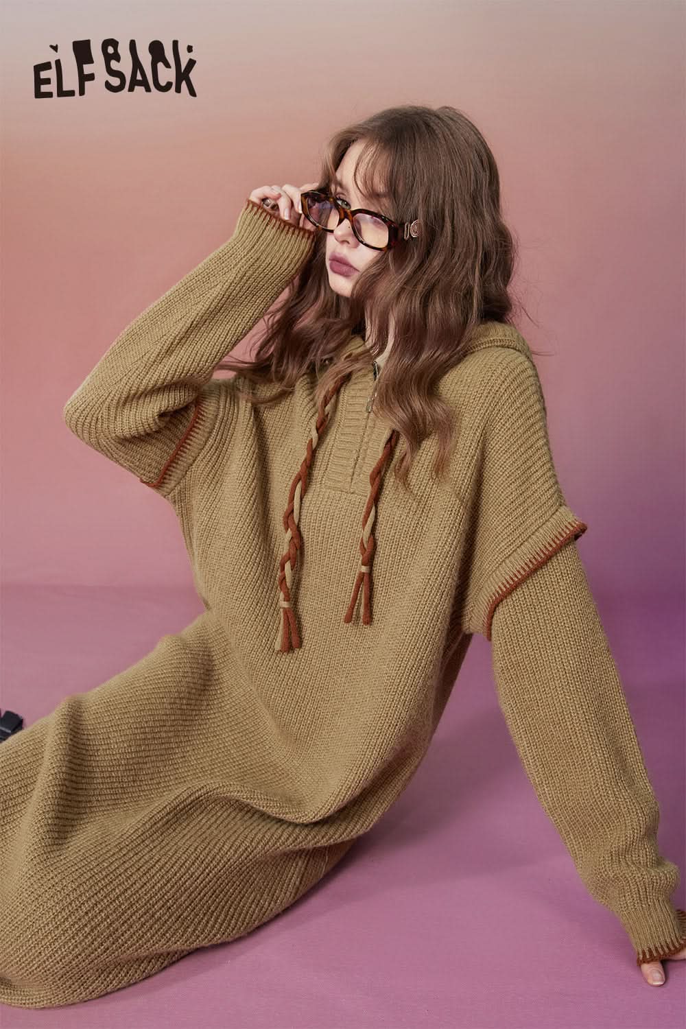 ELFSACK Hoodie Knitted Dresses Plus Size Elegant Dresses