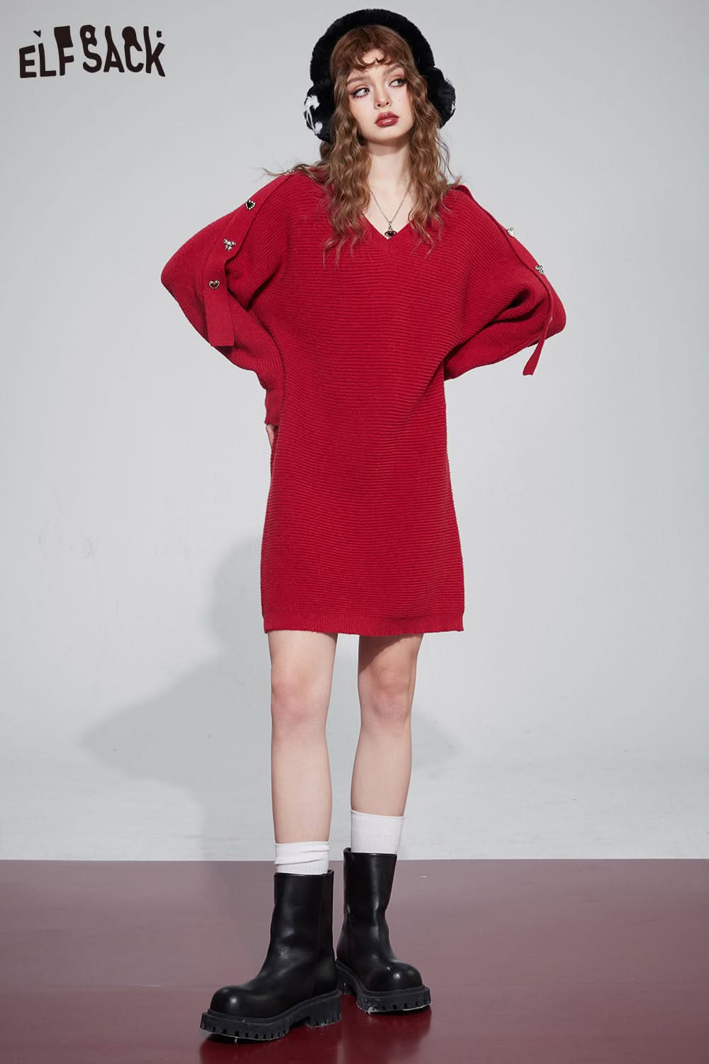 ELFSACK Gyaru Christmas Party Dress Plus Size Luxury Knitting Dresses