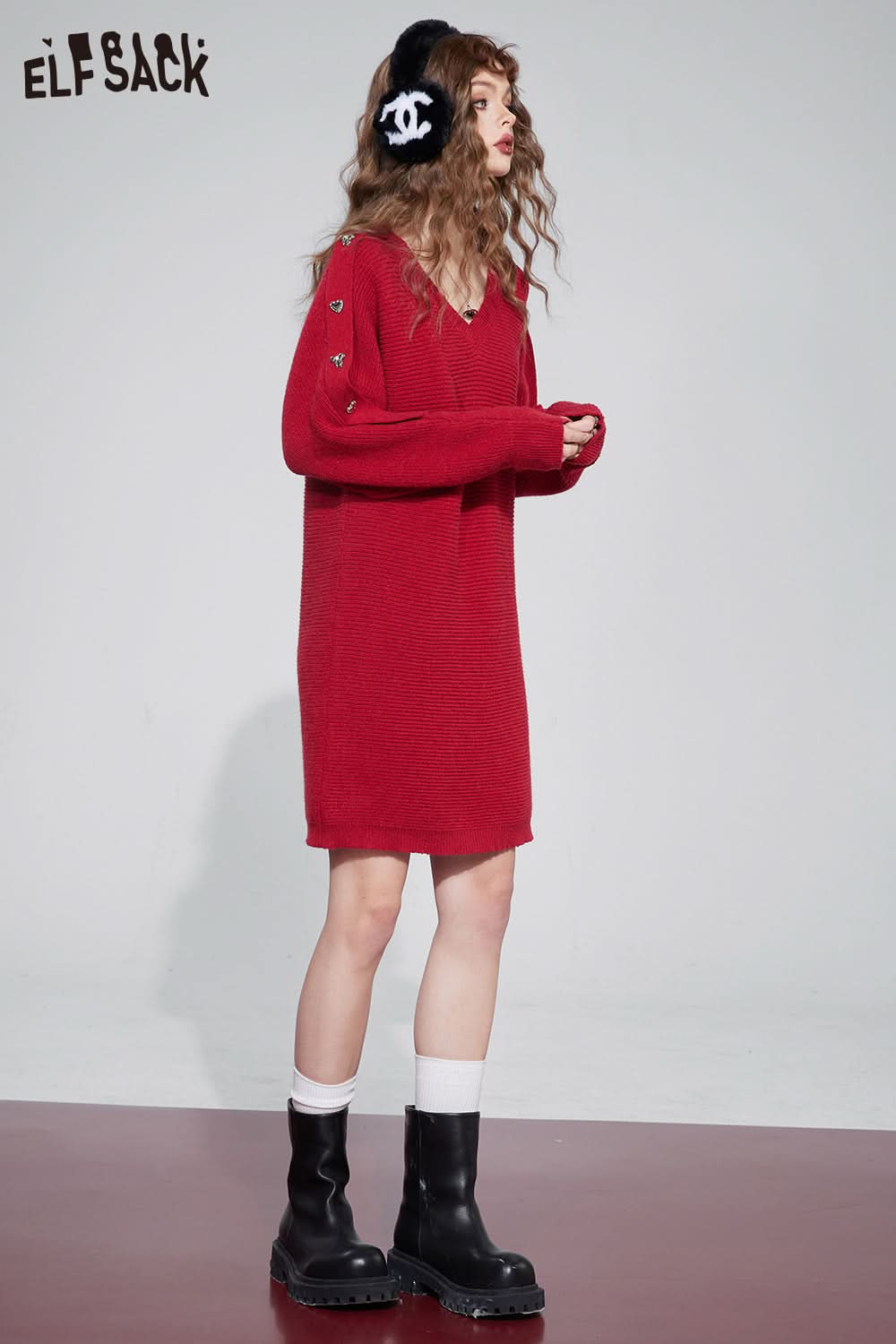 ELFSACK Gyaru Christmas Party Dress Plus Size Luxury Knitting Dresses