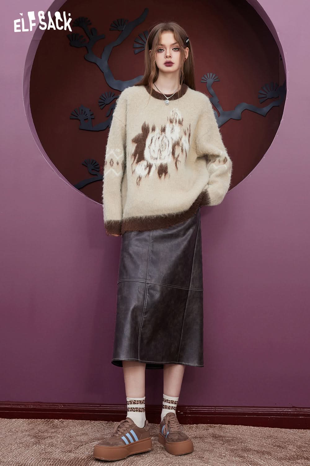 ELFSACK Free Necklace Mohair Sweaters Women Warm Basic Daily Tops