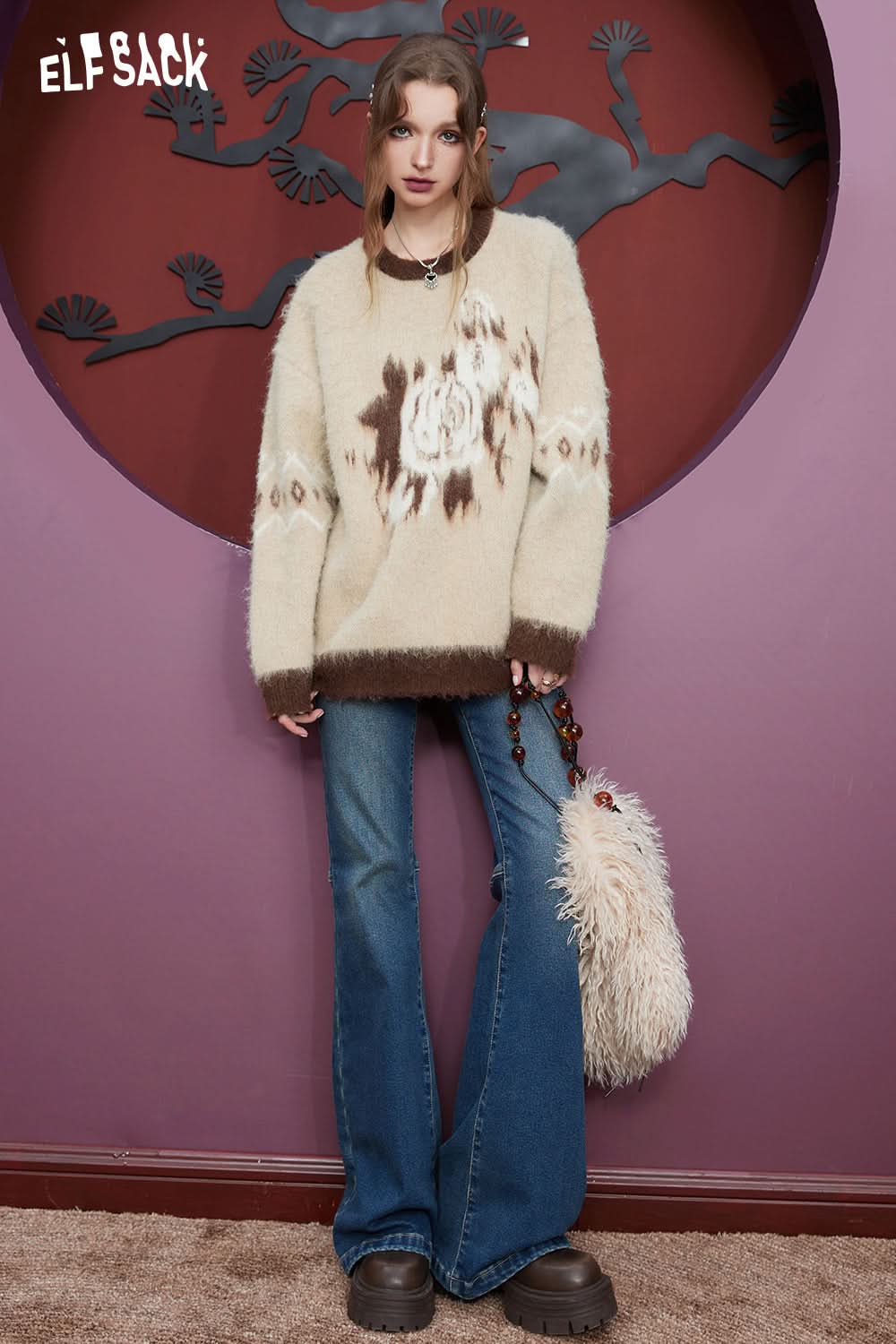 ELFSACK Free Necklace Mohair Sweaters Women Warm Basic Daily Tops