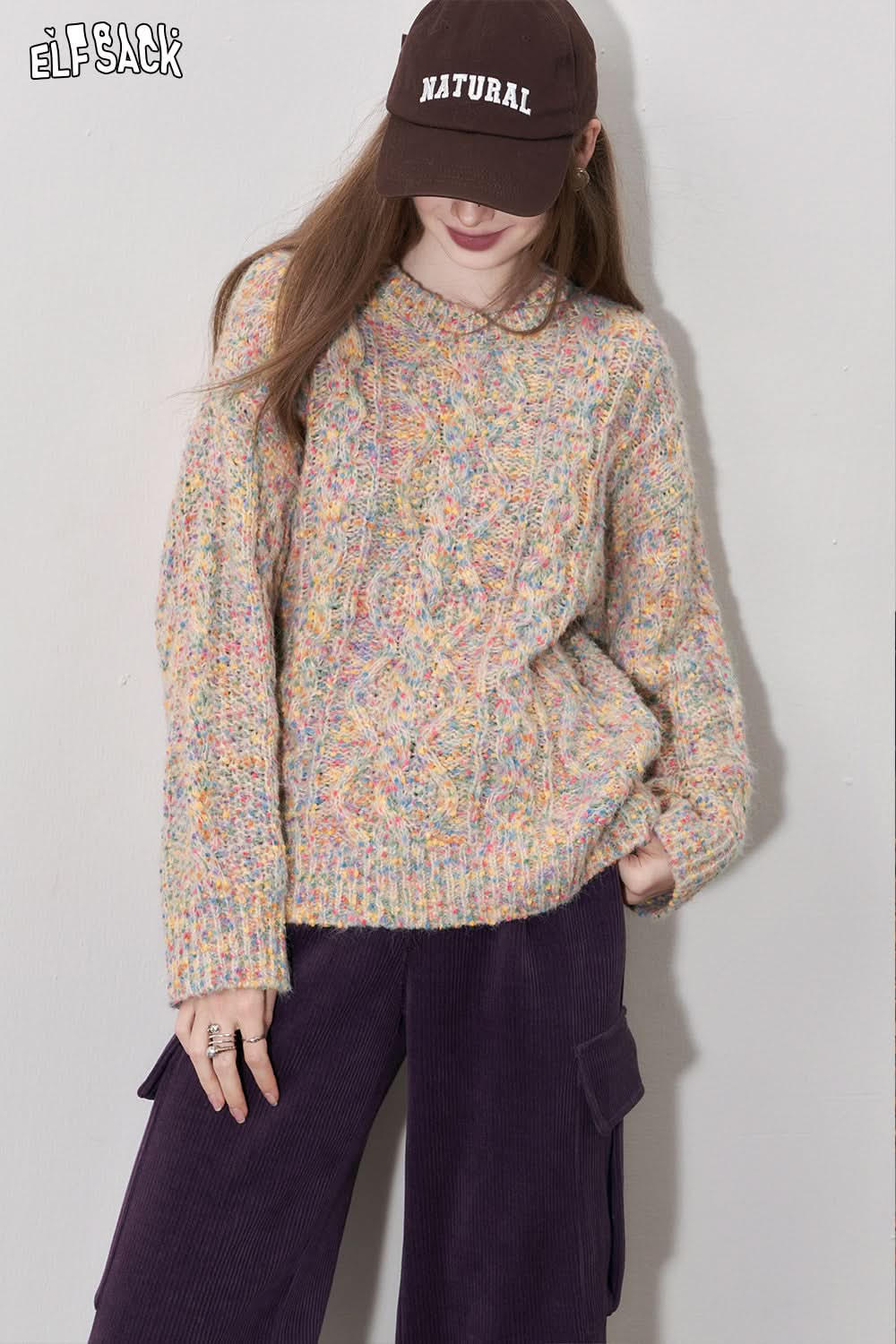 ELFSACK Kawaii Color Dot Pullover Sweaters Women Loose Basic Daily Tops