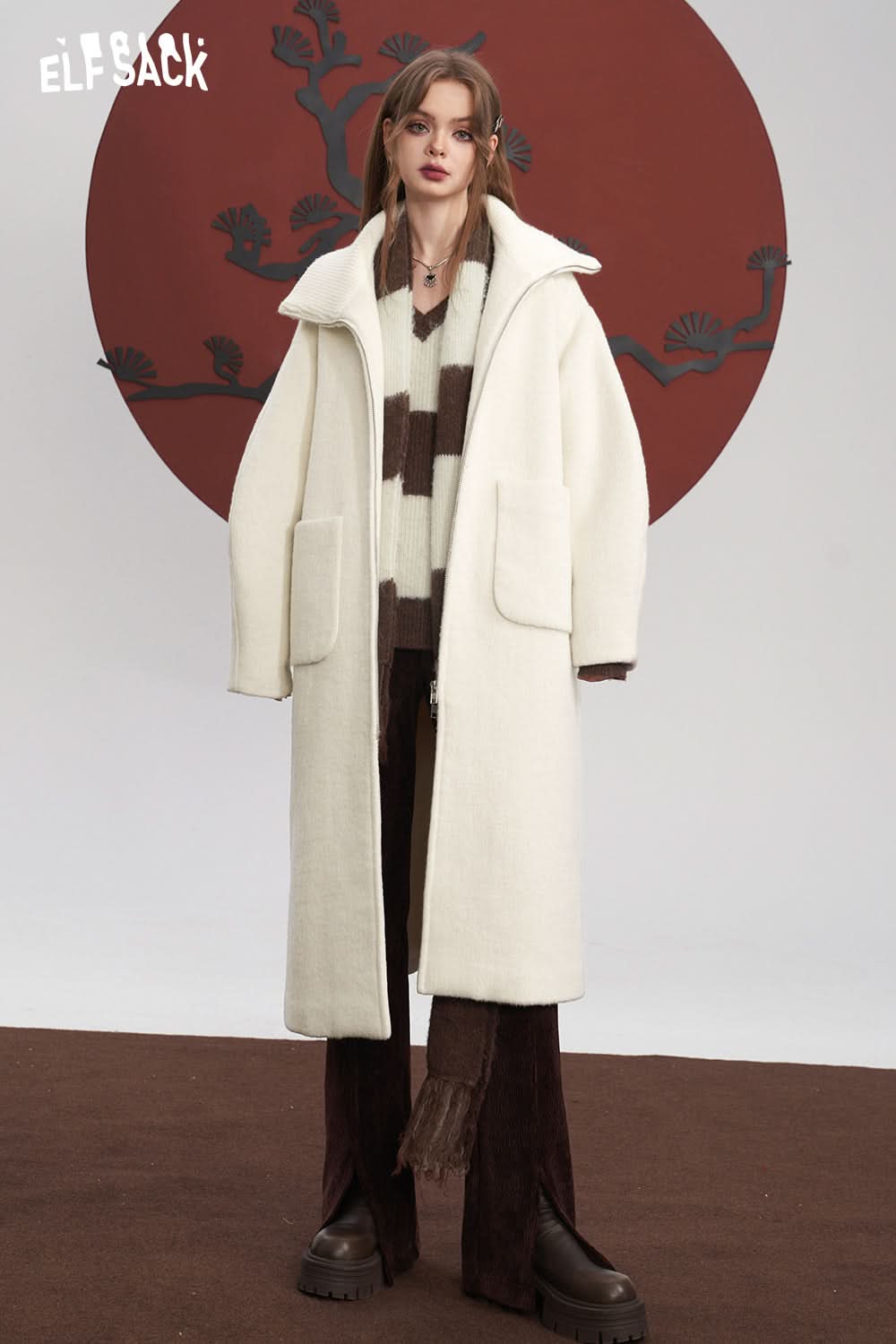 ELFSACK Free Scarf Striped Mohair Warm Sweater Women Academic Style Loose Knitwears