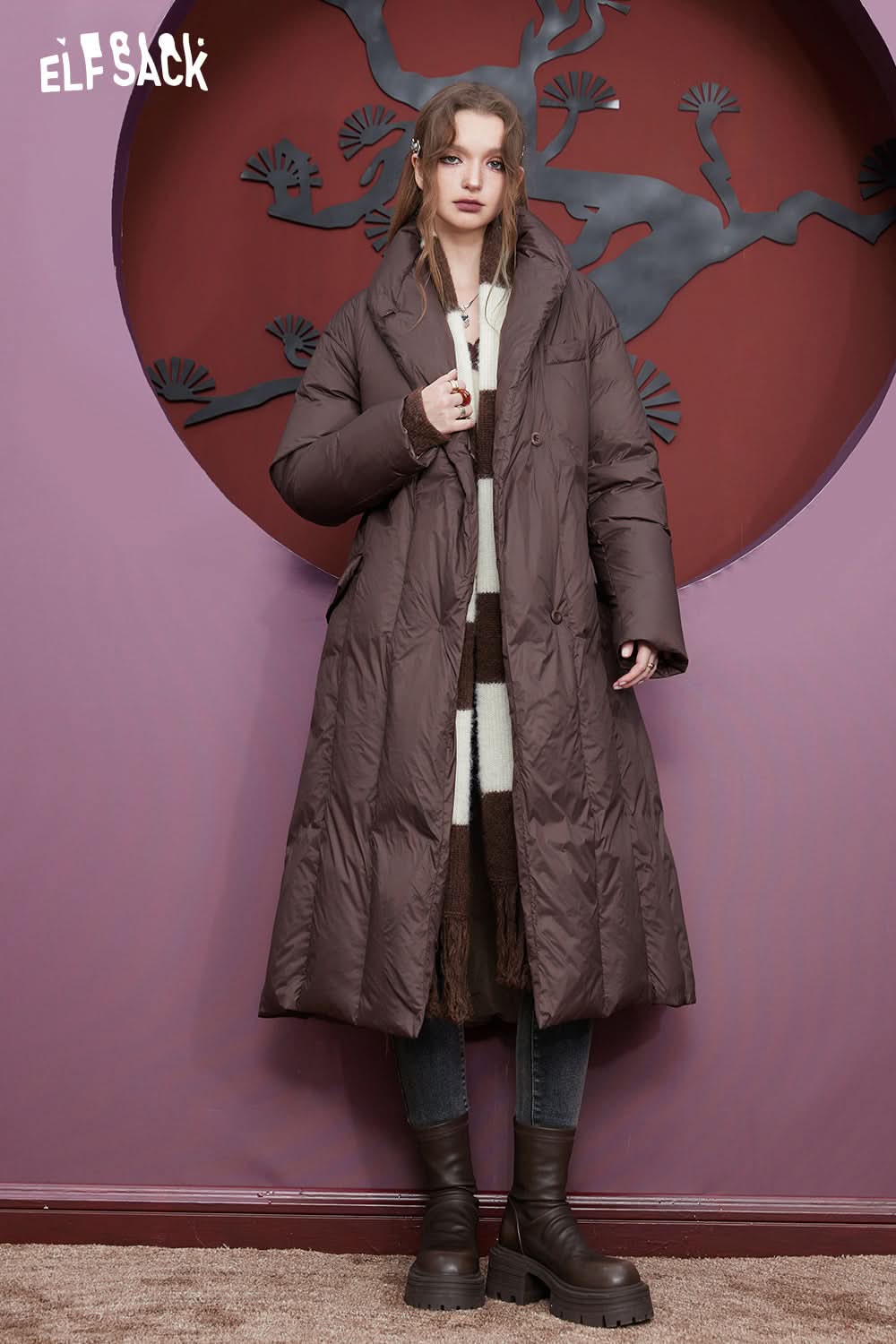 ELFSACK Free Scarf Striped Mohair Warm Sweater Women Academic Style Loose Knitwears