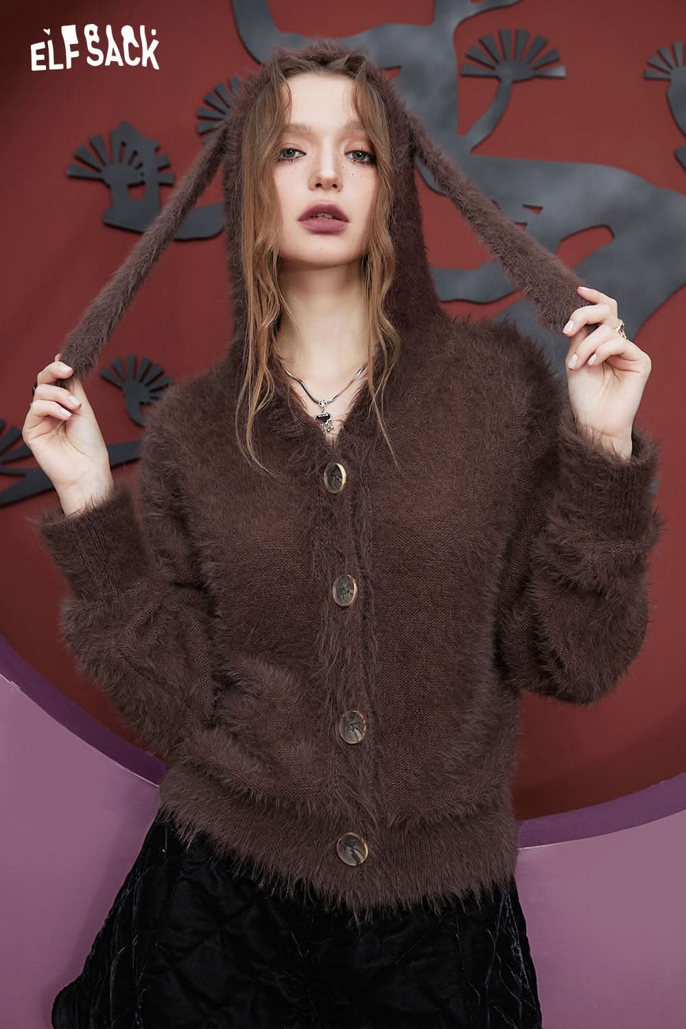 ELFSACK Free Necklace Wooly Knitwears Woman Chinese Style Long Sleeve Outwears