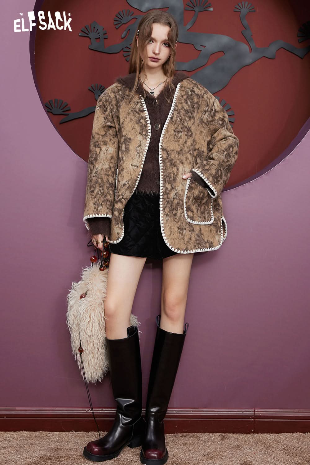 ELFSACK Free Necklace Wooly Knitwears Woman Chinese Style Long Sleeve Outwears