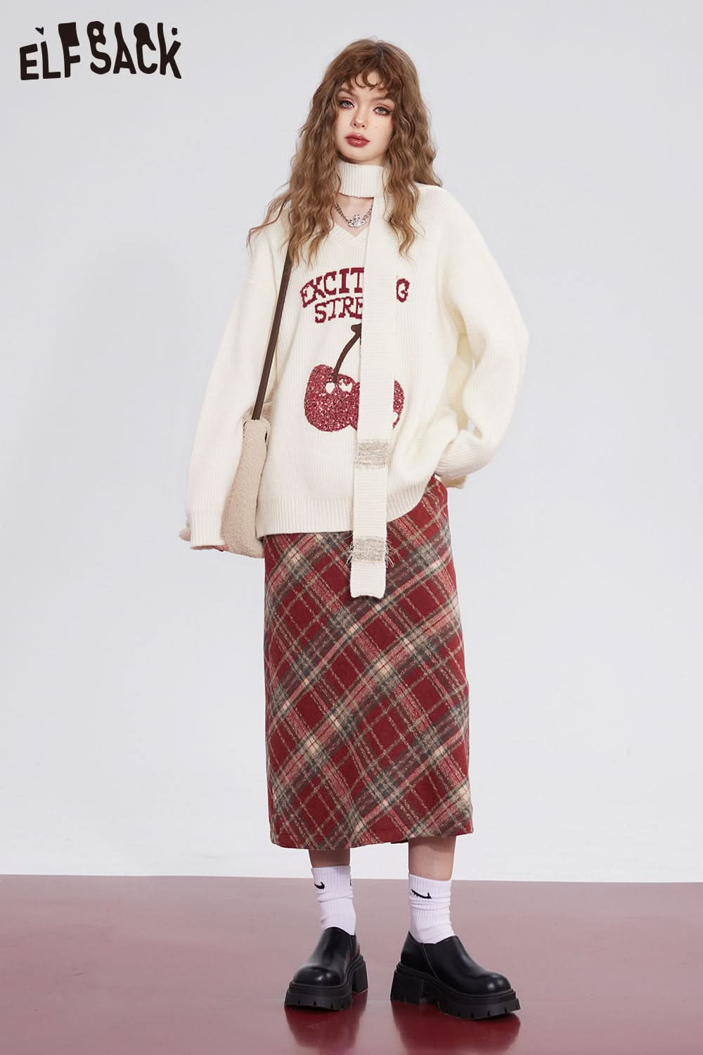 ELFSACK Free Scarf Cherry Kawaii Christmas Sweater Women Korean Fashion Tops