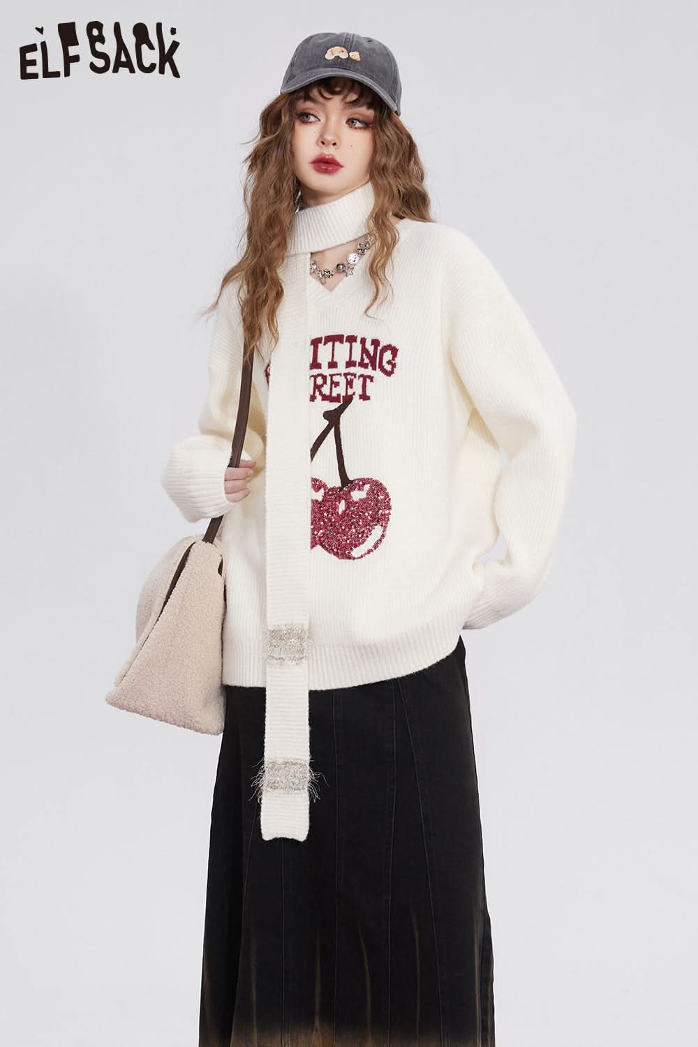 ELFSACK Free Scarf Cherry Kawaii Christmas Sweater Women Korean Fashion Tops
