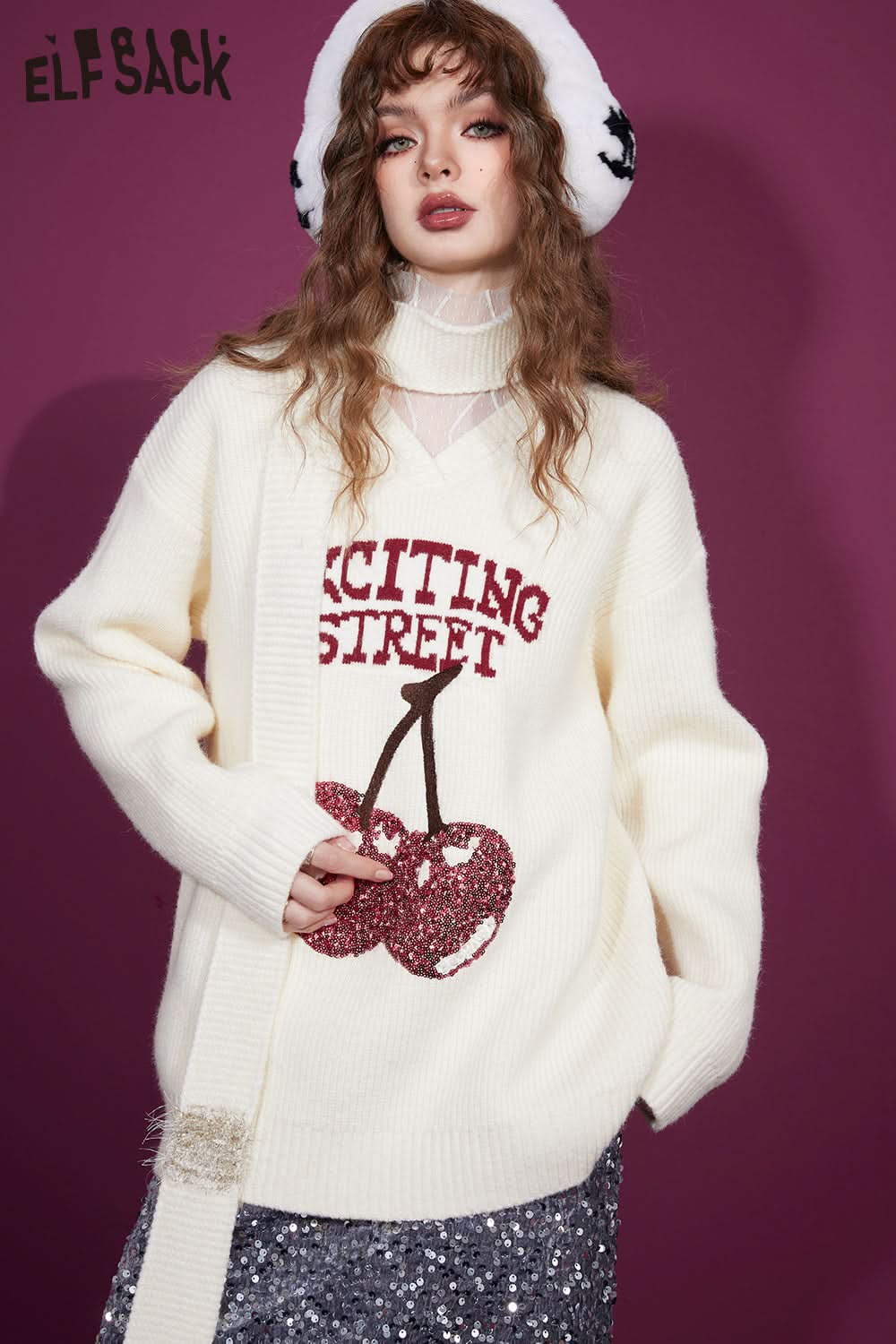 ELFSACK Free Scarf Cherry Kawaii Christmas Sweater Women Korean Fashion Tops