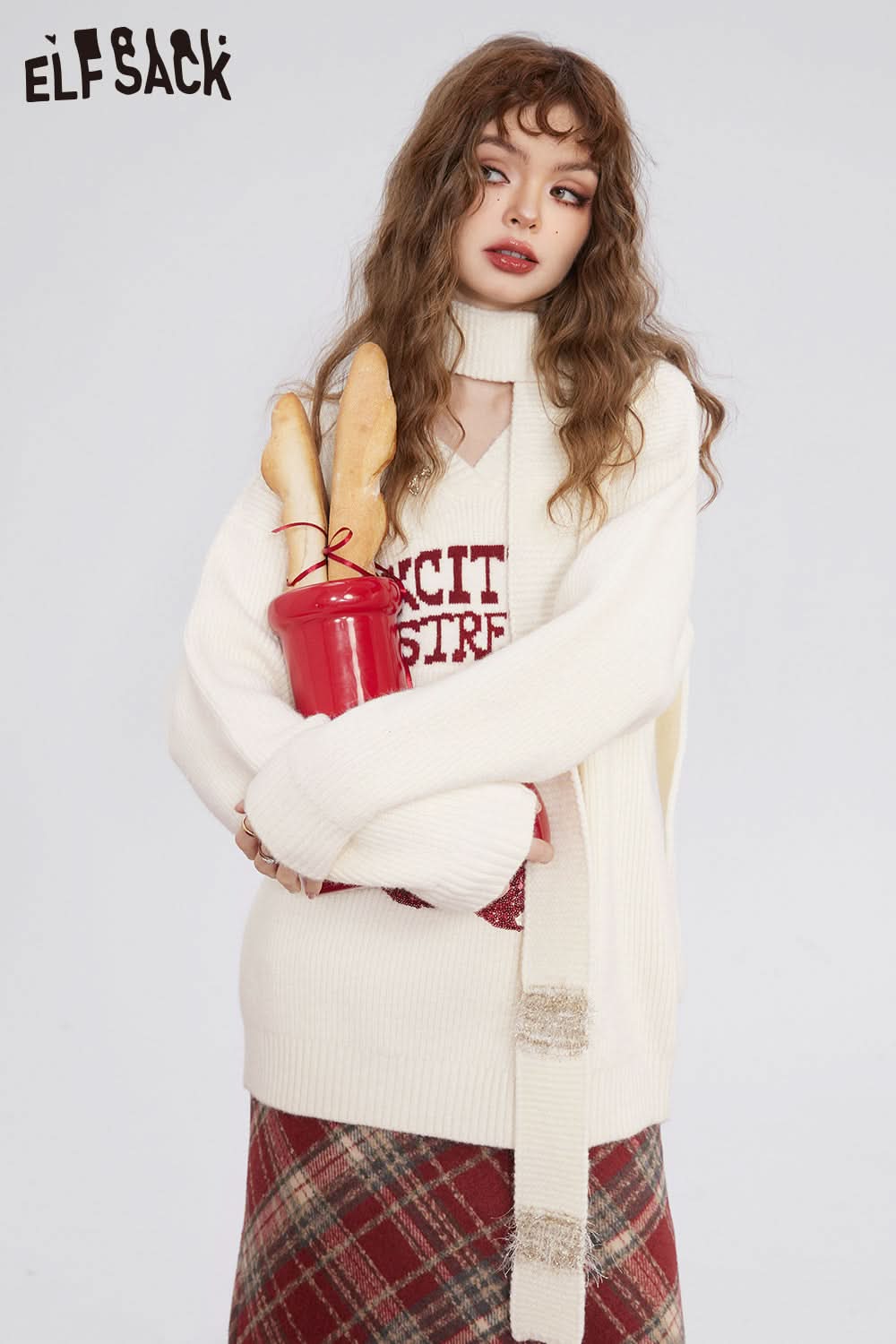 ELFSACK Free Scarf Cherry Kawaii Christmas Sweater Women Korean Fashion Tops