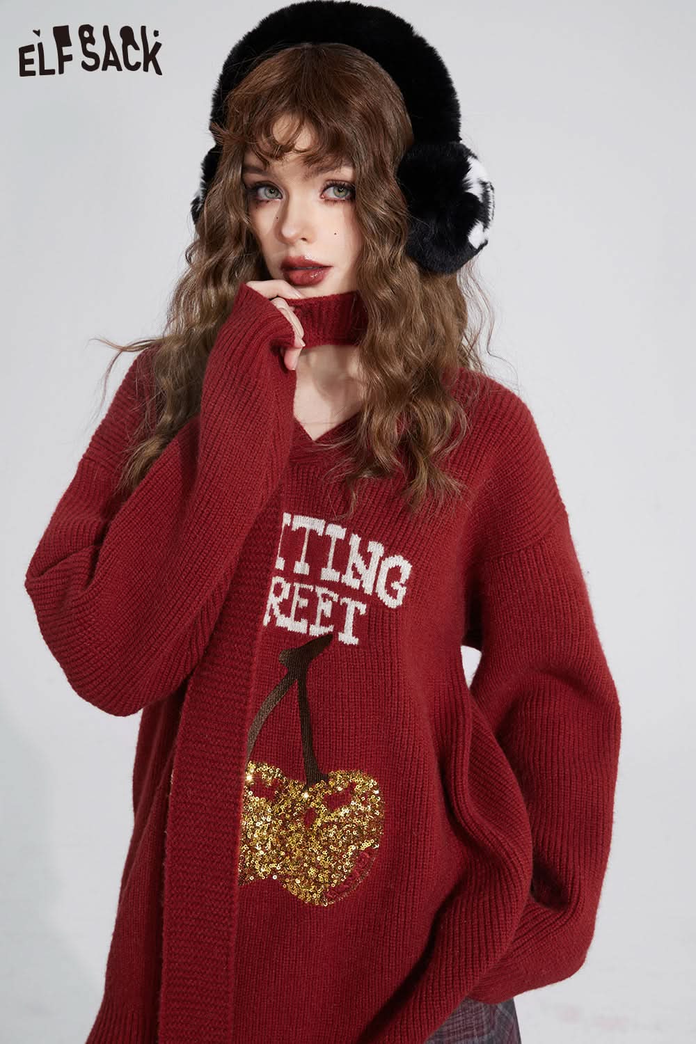 ELFSACK Free Scarf Cherry Kawaii Christmas Sweater Women Korean Fashion Tops