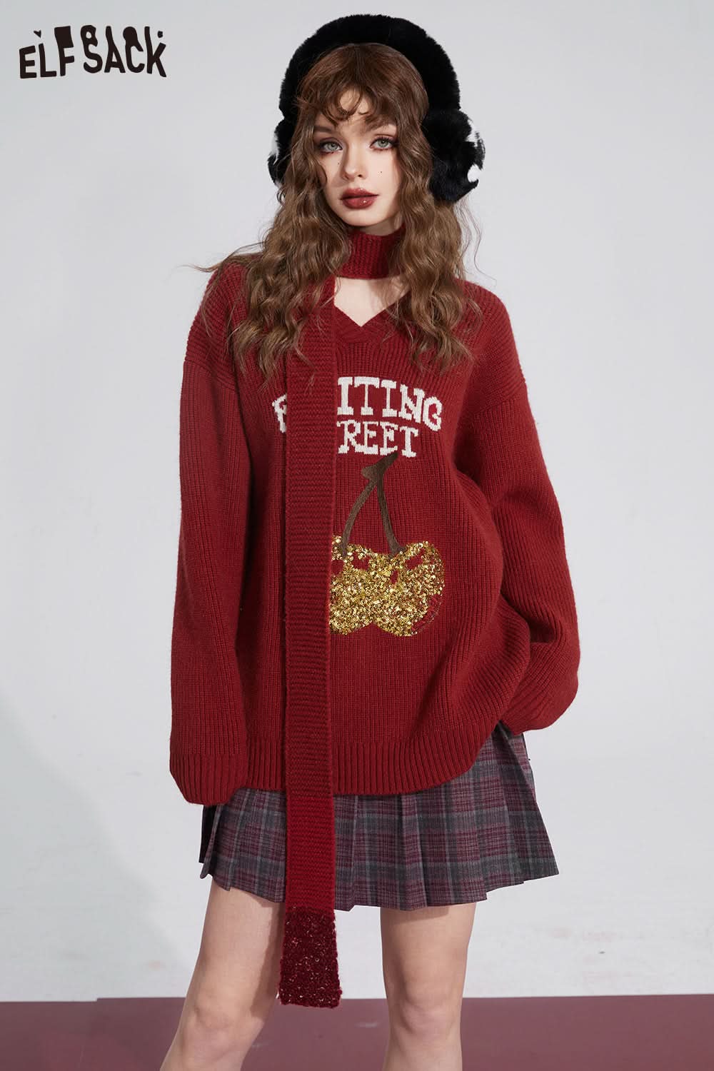 ELFSACK Free Scarf Cherry Kawaii Christmas Sweater Women Korean Fashion Tops