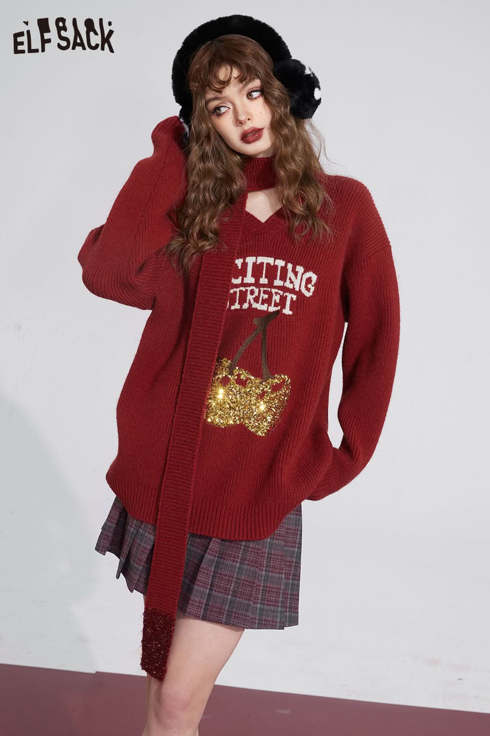 ELFSACK Free Scarf Cherry Kawaii Christmas Sweater Women Korean Fashion Tops
