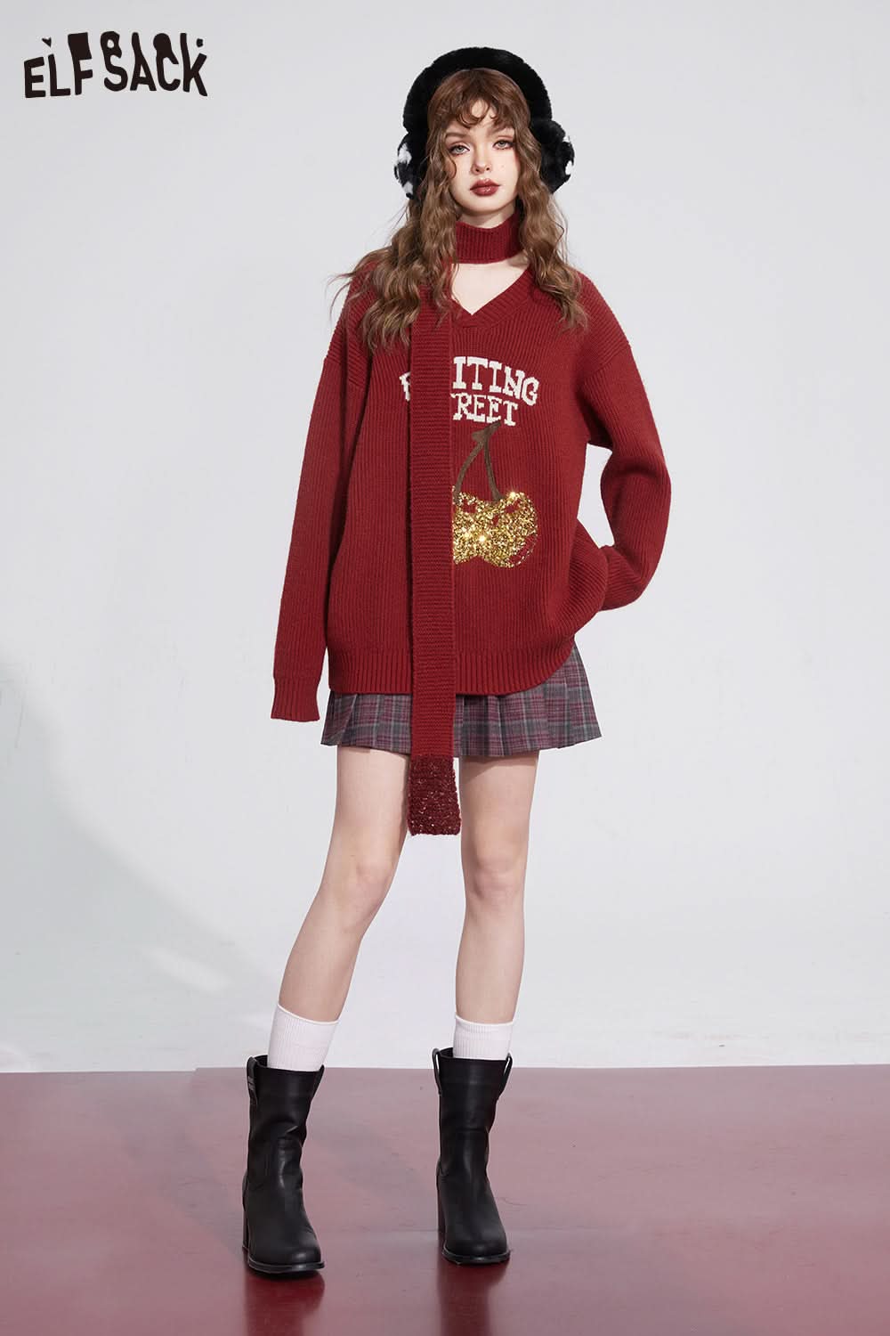 ELFSACK Free Scarf Cherry Kawaii Christmas Sweater Women Korean Fashion Tops