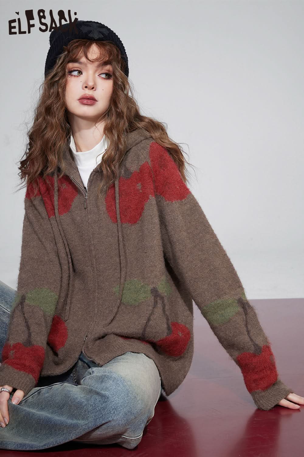 ELFSACK Christmas Cherry Hoodie Cardigan KoreanFashion Tops