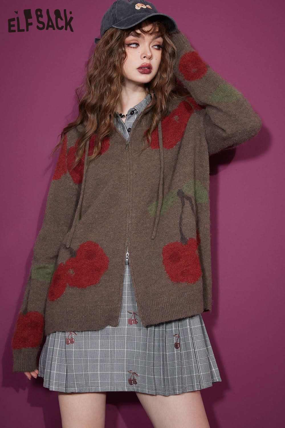 ELFSACK Christmas Cherry Hoodie Cardigan KoreanFashion Tops