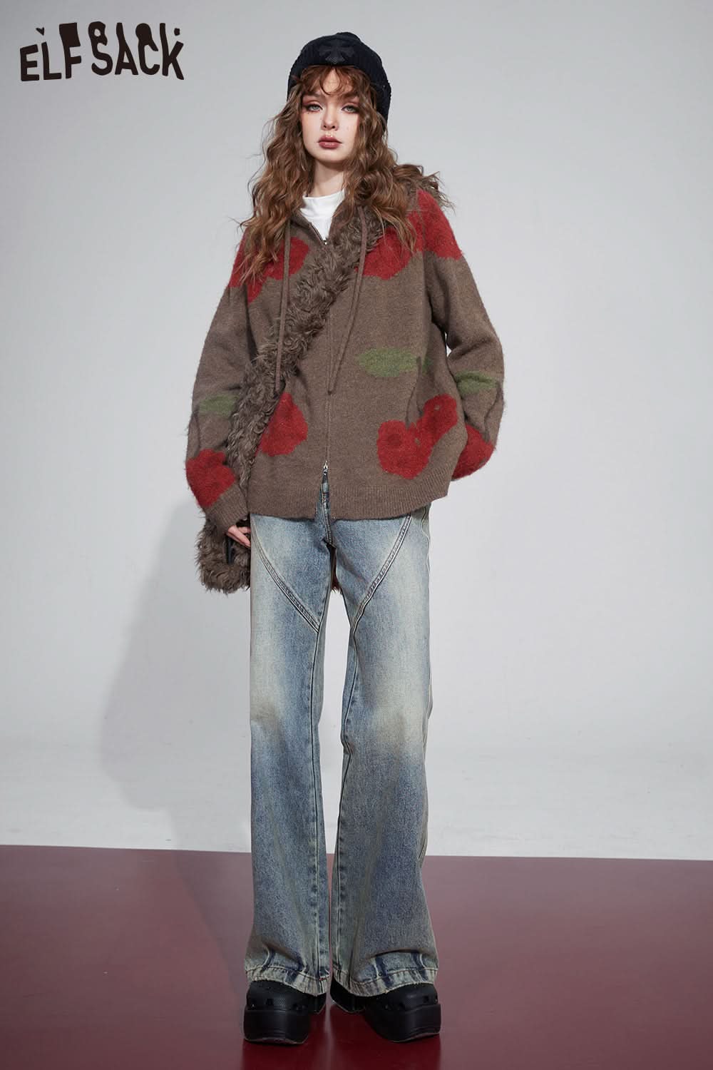 ELFSACK Christmas Cherry Hoodie Cardigan KoreanFashion Tops