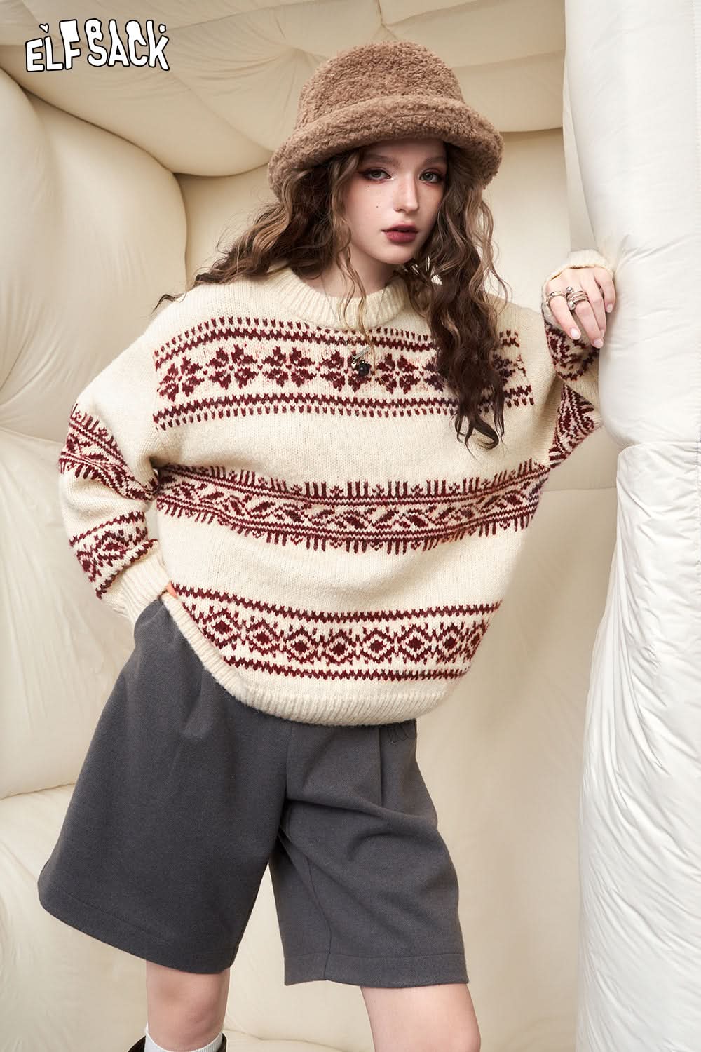 ELFSACK Fair Isle Style Christmas Sweater Woman Long Sleeve Big Tops