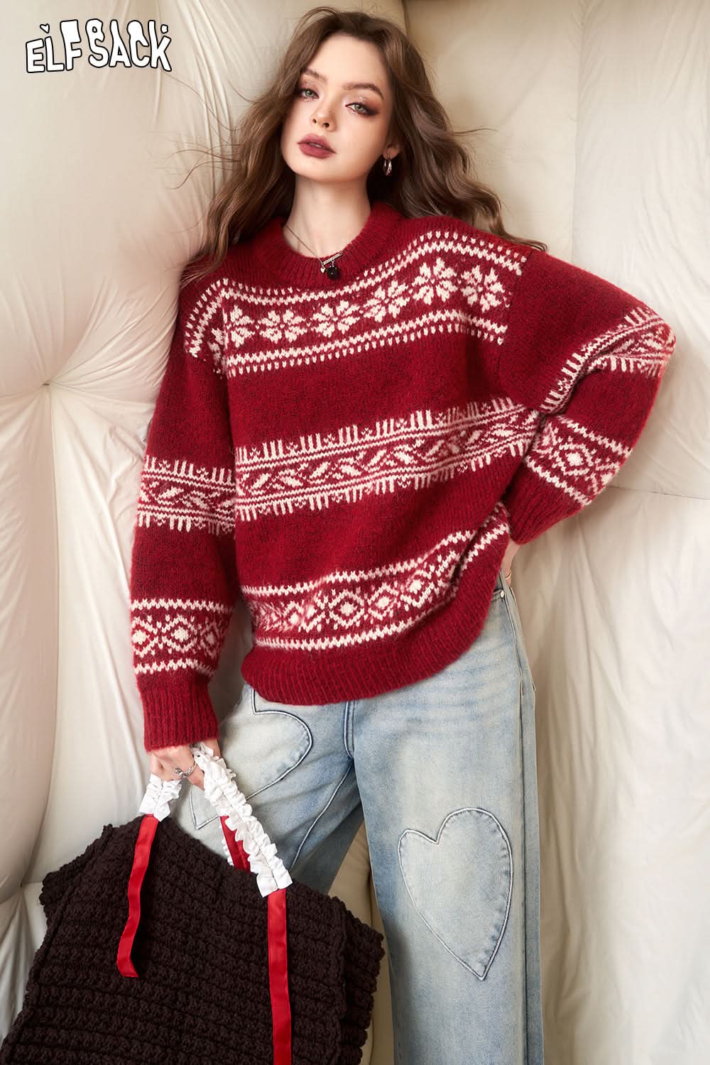 ELFSACK Fair Isle Style Christmas Sweater Woman Long Sleeve Big Tops