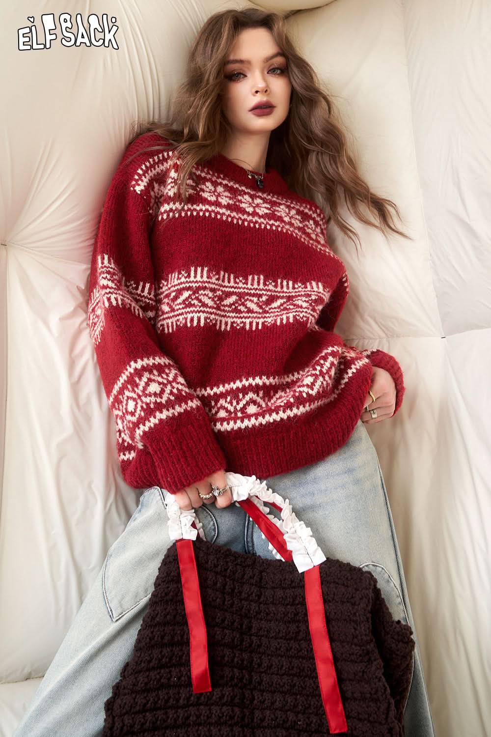 ELFSACK Fair Isle Style Christmas Sweater Woman Long Sleeve Big Tops