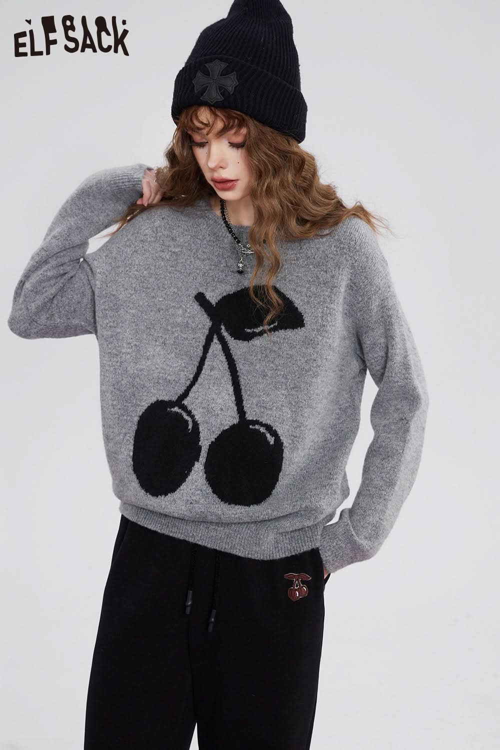 ELFSACK Kawaii Christmas Cherry Pullover Sweaters Women Korean Fashion Tops