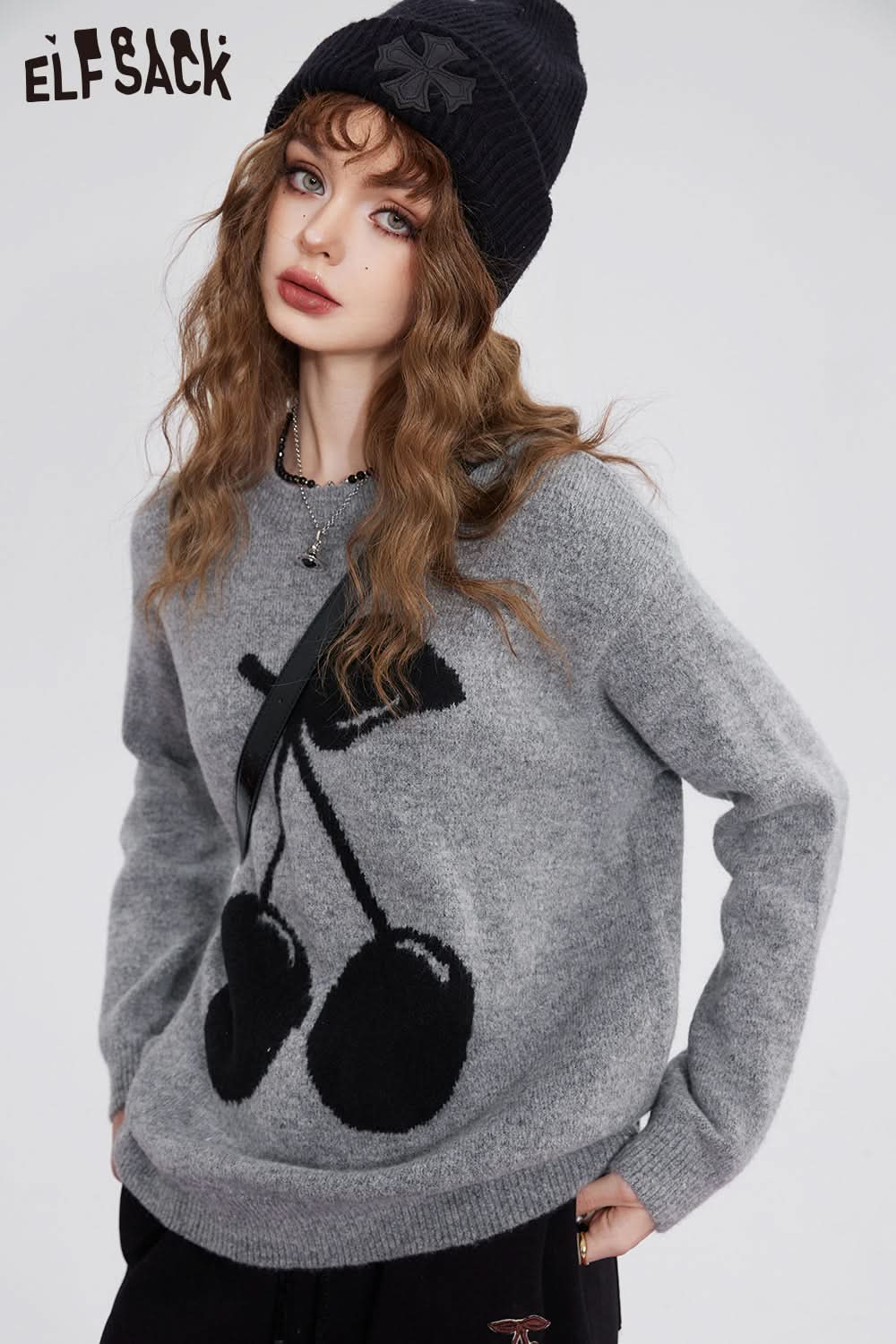 ELFSACK Kawaii Christmas Cherry Pullover Sweaters Women Korean Fashion Tops