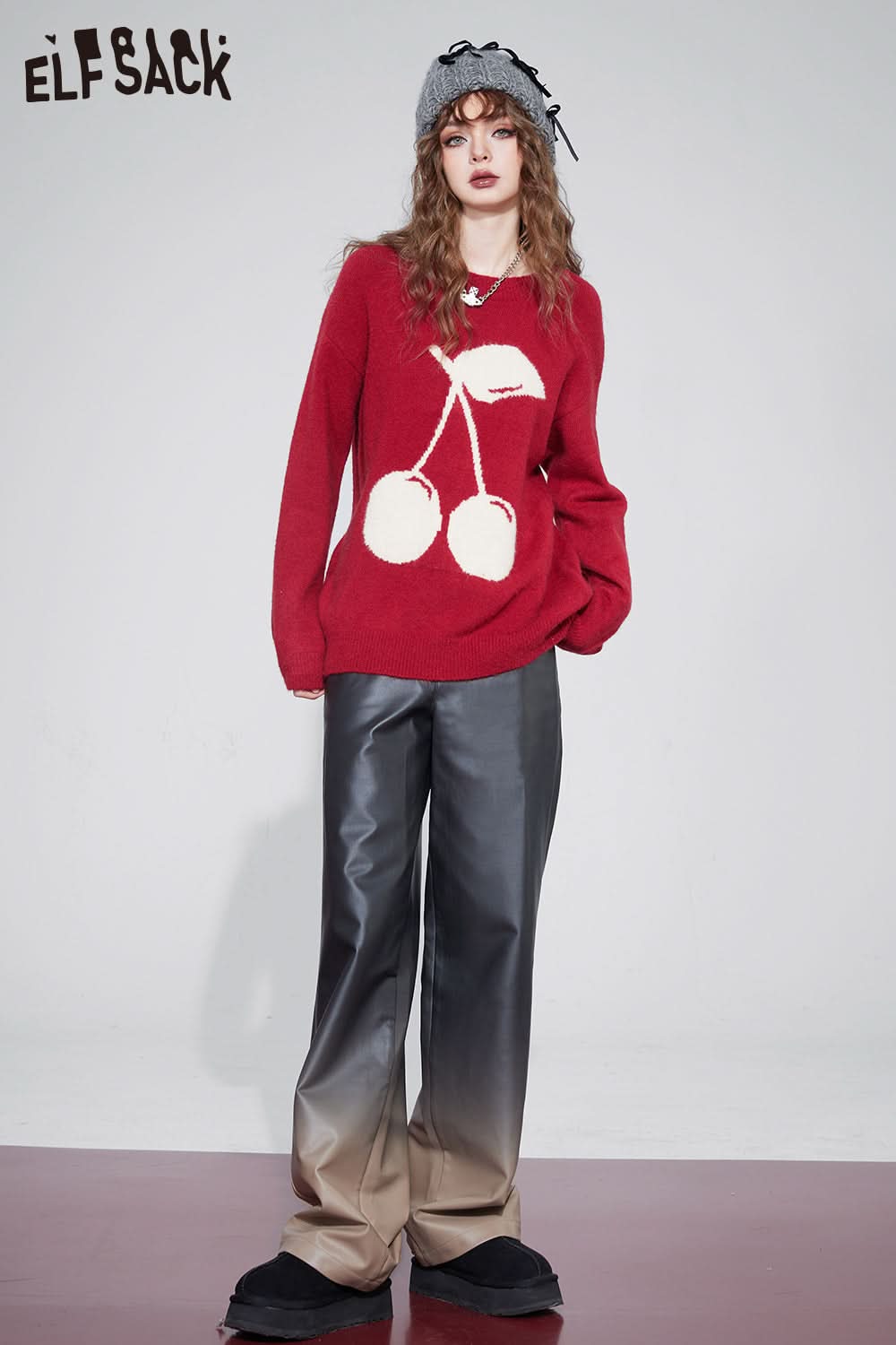 ELFSACK Kawaii Christmas Cherry Pullover Sweaters Women Korean Fashion Tops